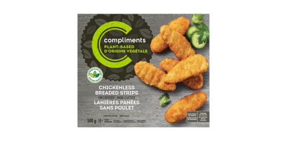 Chickenless breaded strips compliments plant-based