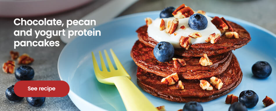 Chocolate pecan and yogurt protein pancakes