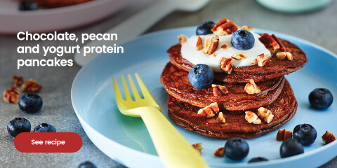 Chocolate pecan and yogurt protein pancakes