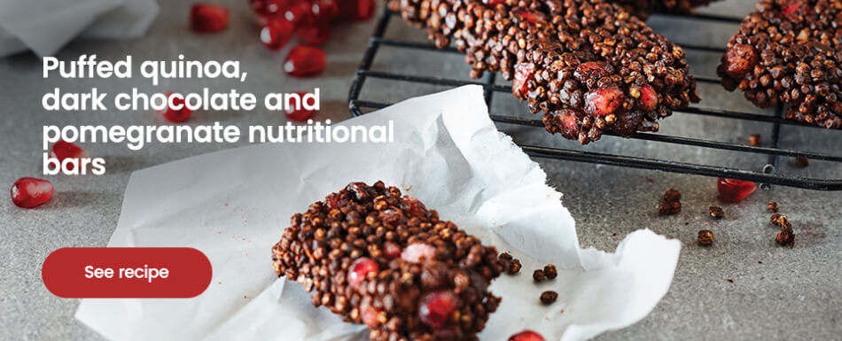 Puffed quinoa dark chocolate and pomegranate nutritional bars