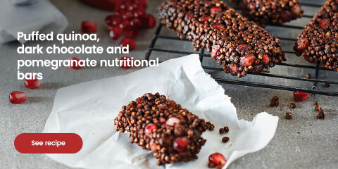 Puffed quinoa dark chocolate and pomegranate nutritional bars